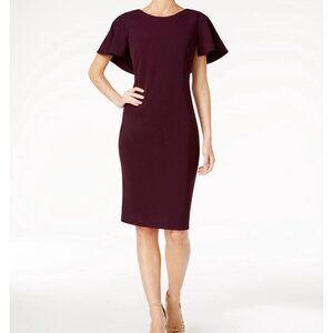 Calvin Klein Purple Flutter Sleeves Formal Knee Length Midi Sheath Dress Size 8